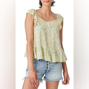 NWT Lucky Brand Phoebe Crochet Trim Flutter Sleeve Top In Yellow Floral Size XS
